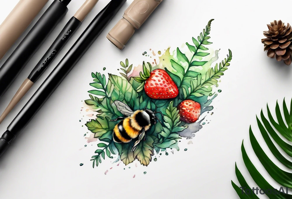 a delicate, minimalistic coloured realistic forest floor inspired tattoo, which must include: grass, ferns, small strawberries, a small flying bumblebee, dead leaves tattoo idea