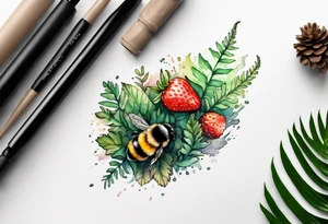 a delicate, minimalistic coloured realistic forest floor inspired tattoo, which must include: grass, ferns, small strawberries, a small flying bumblebee, dead leaves tattoo idea