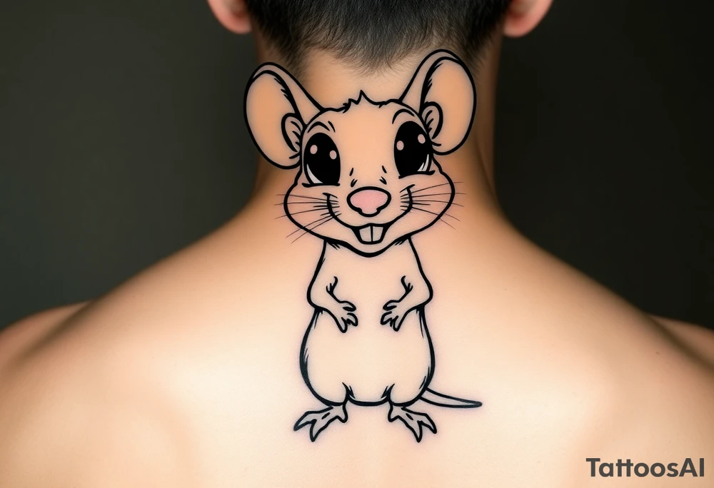 Original tattoo-style illustration:

A rat standing upright

Very large, bulging eyes popping out

A cheeky / mischievous smile

Cartoon style, not baby-like

One black-and-white version + one color version

4 images in total (so you can choose the best one) tattoo idea