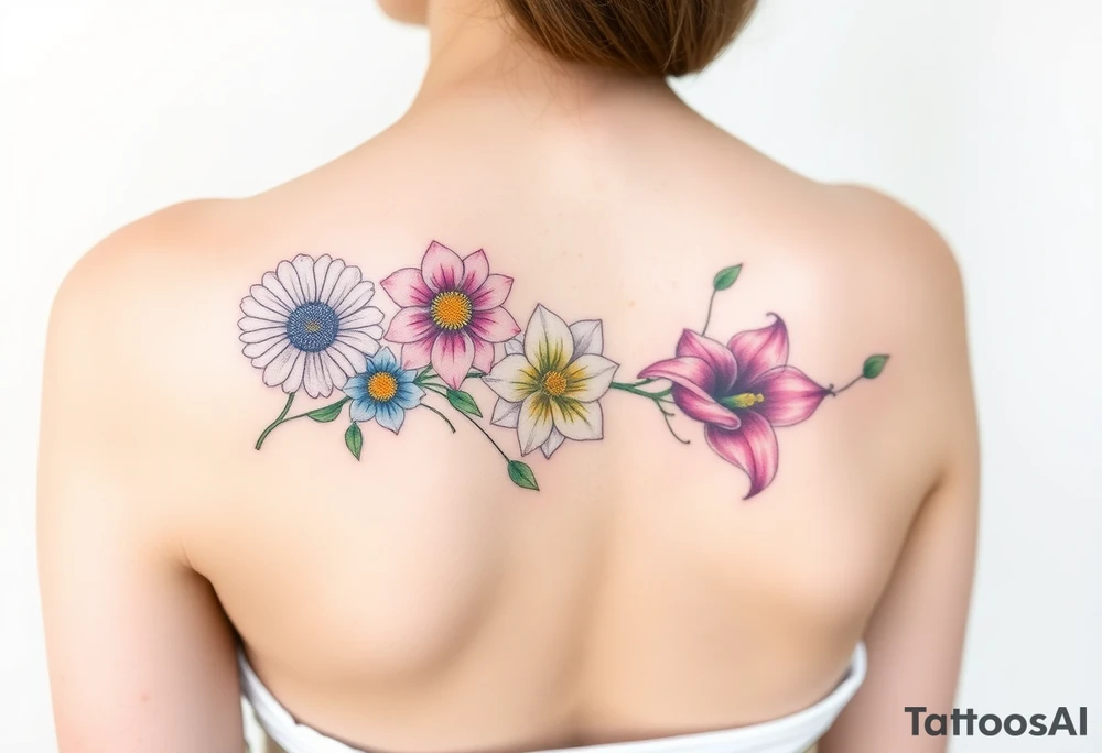 This tattoo is on a woman. It is a line of flowers connected by a single stem. It starts on her left side of the chest with a Glaiolus and Daisy together, then the tatoo rises over the left shoulder and down the arm and ends at the elbow. The tattoo will include a primroses, Calla Lilys, and Lillys. It will be light on color except in the petals and has light shading to make it pop. tattoo idea