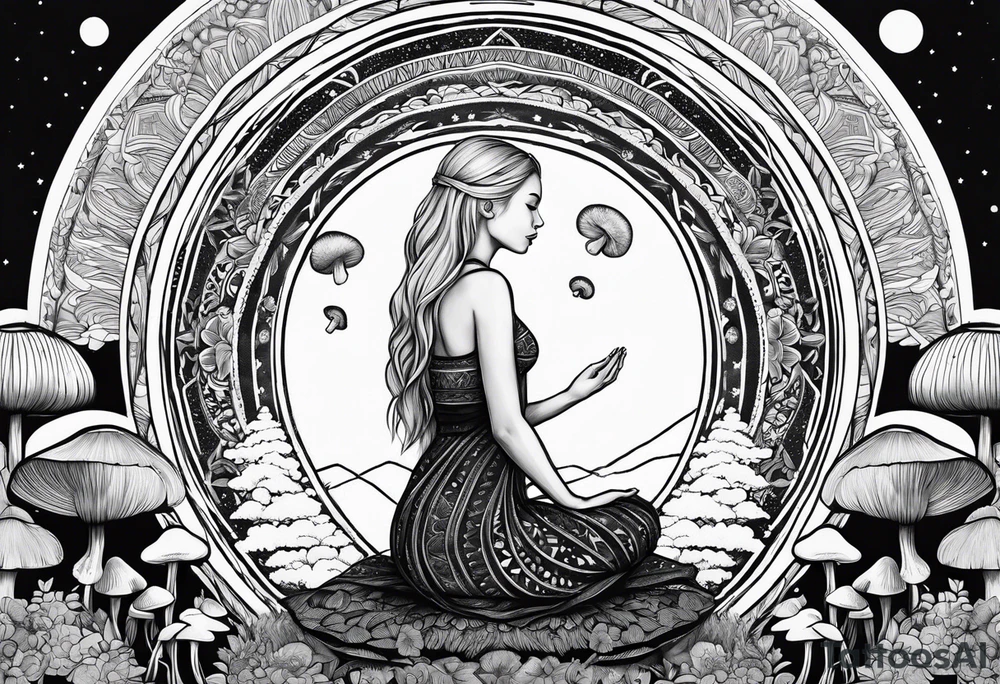Straight blonde hair girl meditating facing away toward mountains surrounded by mushrooms crescent moon mandala circular design black and white striped dress tattoo idea