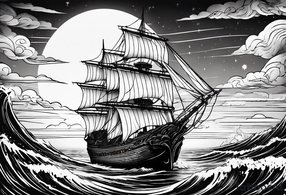 an ancient ship sailing in front of a synthwave sun, guitars in the sky tattoo idea
