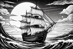 an ancient ship sailing in front of a synthwave sun, guitars in the sky tattoo idea