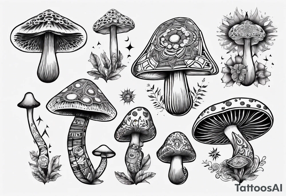 mushrooms, psychedelic, book, mandala tattoo idea