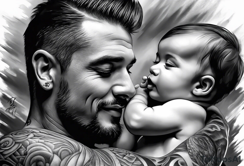 Father and baby son half sleeve tattoo idea