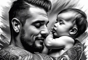 Father and baby son half sleeve tattoo idea