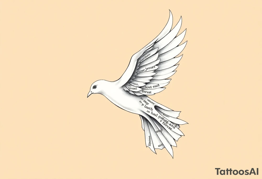 White dove of fire with the names of Jesus and the Characteristics of the Holy Spirit in English tattoo idea
