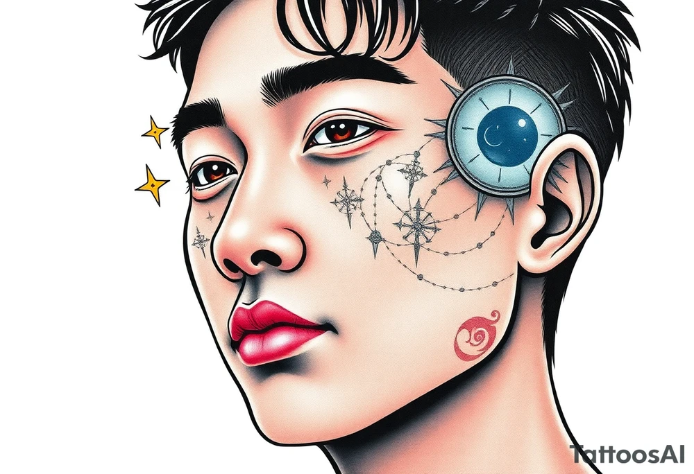 Handsome Asian young guy is drowning symbols on his face tattoo idea