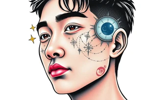 Handsome Asian young guy is drowning symbols on his face tattoo idea