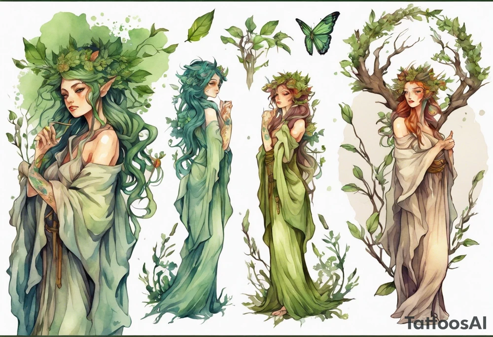 a beautiful dryad wearing a long robe tattoo idea
