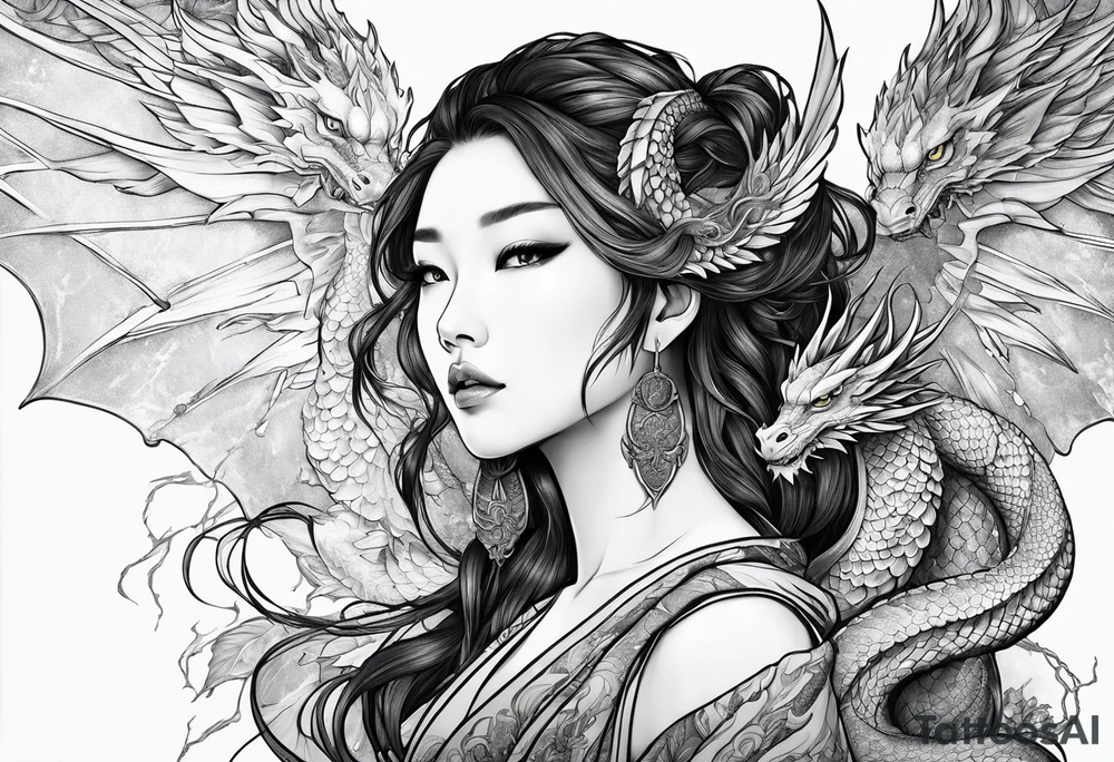 beautiful warrior nymph with dragon wings and dragon friend tattoo idea
