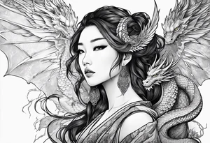 beautiful warrior nymph with dragon wings and dragon friend tattoo idea