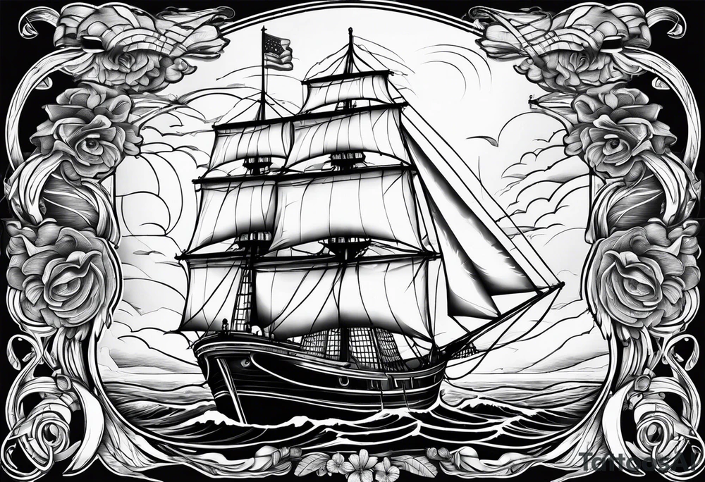 ghost marine lighthouse behind the bow of a sailboat. tattoo idea