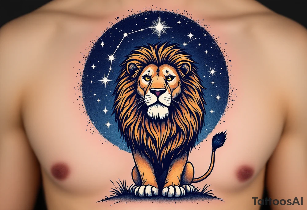 A proud lion stands under a night sky shaded in navy, with the Leo star constellation highlighted in silver stardust above. tattoo idea