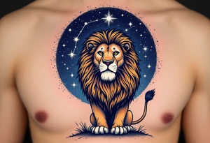 A proud lion stands under a night sky shaded in navy, with the Leo star constellation highlighted in silver stardust above. tattoo idea