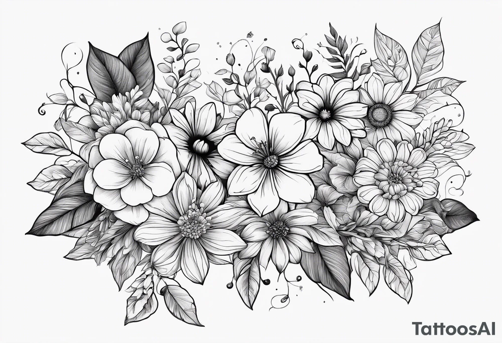 Symbolic shadowed black drawings on the background of different colored small multiple flowers tattoo idea