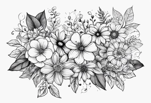Symbolic shadowed black drawings on the background of different colored small multiple flowers tattoo idea