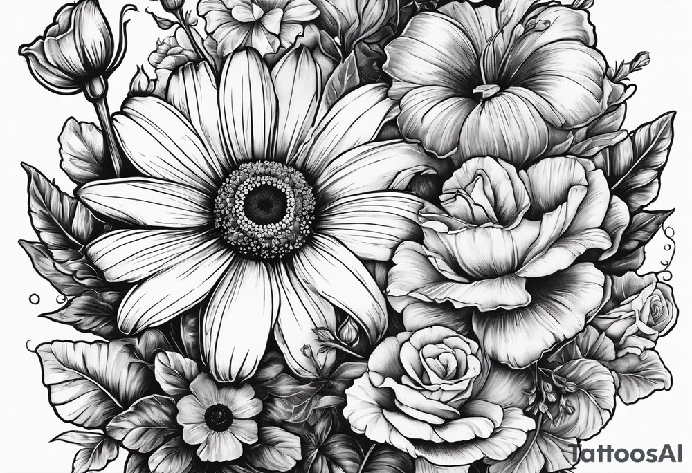 A vintage vertical design of a single daisy and a single rose with gladiolus flowers and poppies weaving through the daisy and rose tattoo idea