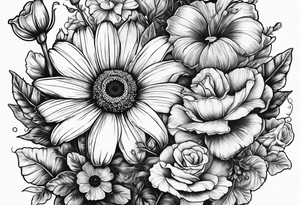 A vintage vertical design of a single daisy and a single rose with gladiolus flowers and poppies weaving through the daisy and rose tattoo idea
