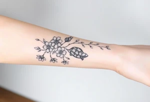 Full forearm design. Flowers on the vine. Include a snail, turtle, fox, and bear tattoo idea