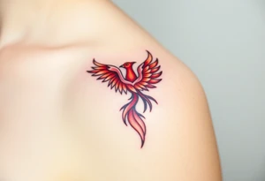 Phoenix rising from the ashes with the colors red, pink, orange and purple. Size 3 cm wide and 5 cm high tattoo idea