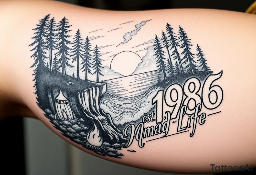 Collage of Redwood forest cliff huge trees campfire smoke and sunset meeting ocean  with huge waves crashing on the rocky shoreline and a night ski with the words "est.1986 nomad life" in graffiti like old English custom letters tattoo idea
