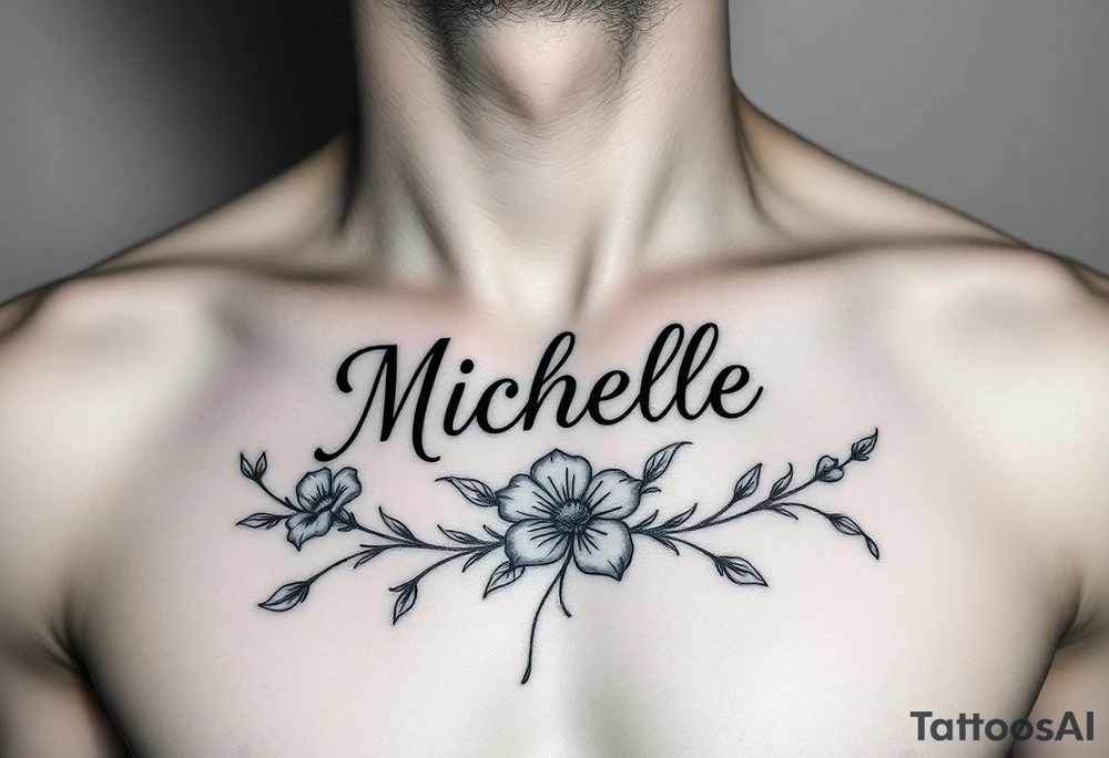 Design a tattoo for a man’s chest of a woman’s name Michelle to be placed over his heart. Make the tattoo tasteful and elegant. Incorporate Irish wildflowers tattoo idea