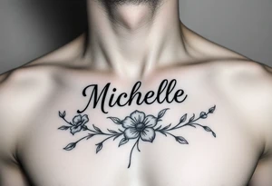 Design a tattoo for a man’s chest of a woman’s name Michelle to be placed over his heart. Make the tattoo tasteful and elegant. Incorporate Irish wildflowers tattoo idea