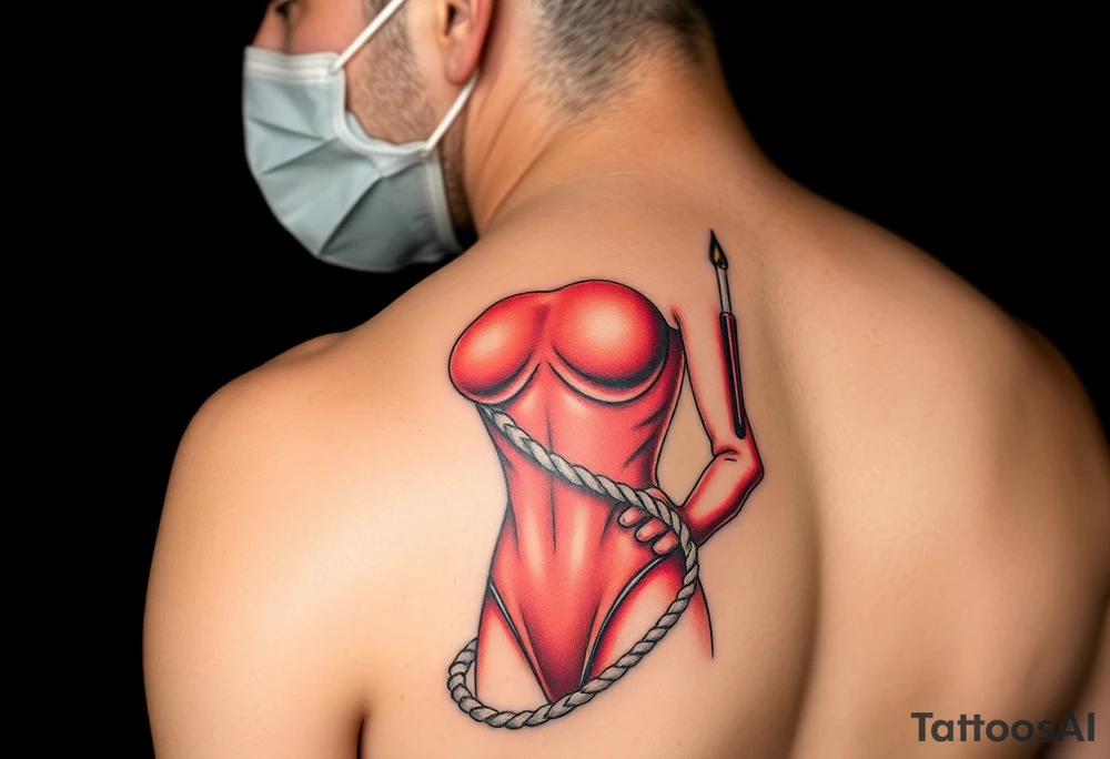 female nude sex slave, wearing red latex catsuit and latex mask, wrapped in rope hip sized tattoo idea