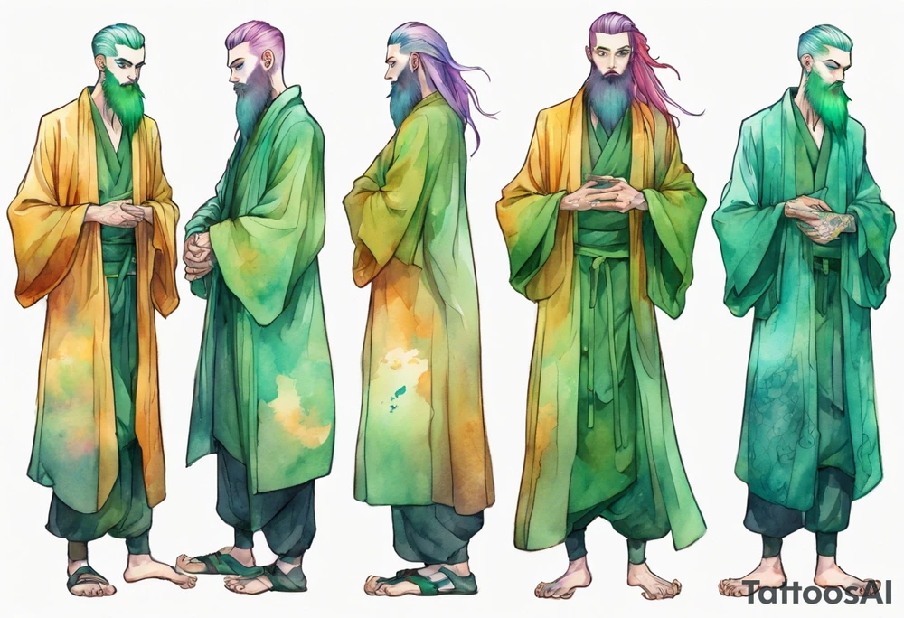 A tall, slender, beautiful man with green skin, He is tall and slender, with pale green skin, long rainbow hair, and a gold and green beard. Amber colored eyes. Wearing a teal monastic robe. tattoo idea