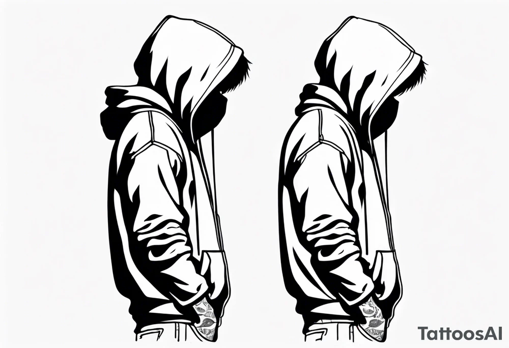 The full side view of a person in a hoodie, looking down. tattoo idea