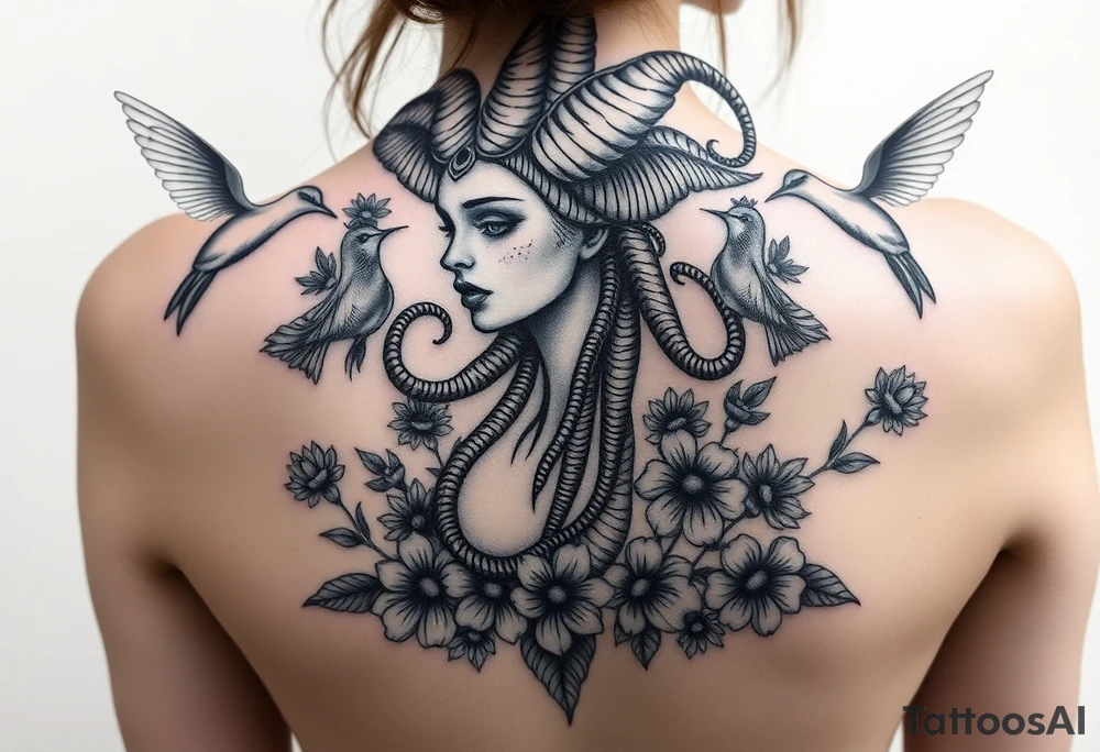 medusa surrounded by hummingbirds and flowers tattoo idea