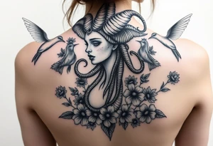 medusa surrounded by hummingbirds and flowers tattoo idea