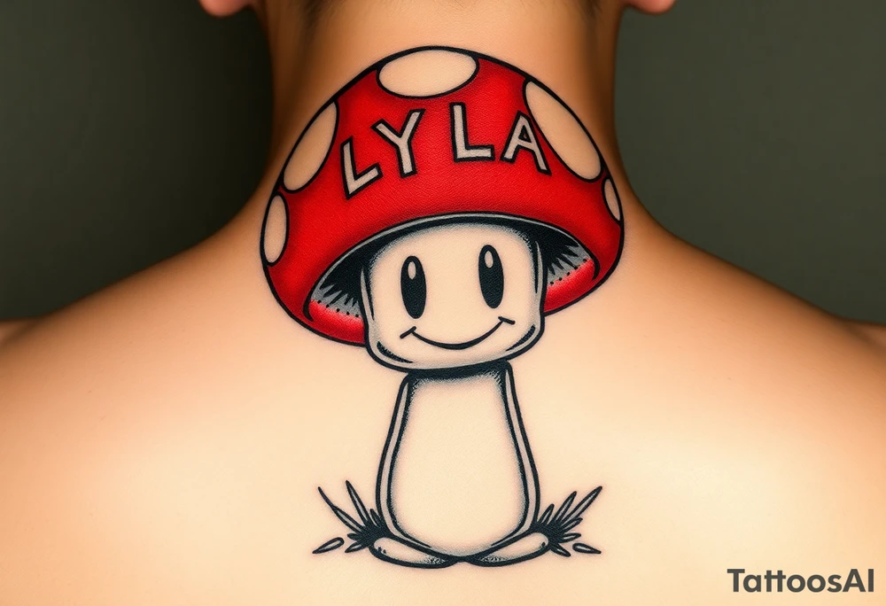 A POWERFUL AND UNIQUE MUSHROOM.. THE MUSHROOM IS PSYCHADELLIC AND GROVING A HAPPY FACE. THE MUSHROOM HAS A SIMPLE SMILING HAPPY FACE IN THE STEM. THE CAP IS LARGE AND RESEMBLES TOAD FROM MARIO. THE CAP OF THE MUSHROOM IS RED. THERE ARE WHITE SPOTS ON THE CAP OF THE MUSHROOM. LYLA IS SPELLED IN WHITE ONTO THE TOP OF THE CAP OF THE MUSHROOM. THE IDEA IS THAT THE MUSHROOM RESEMBLES A CHILD THAT IS NAMED LYLA tattoo idea