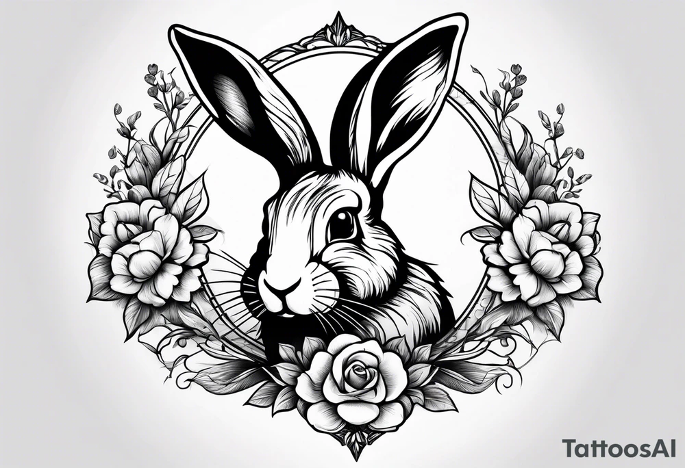 Rabbit head and flowers tattoo idea