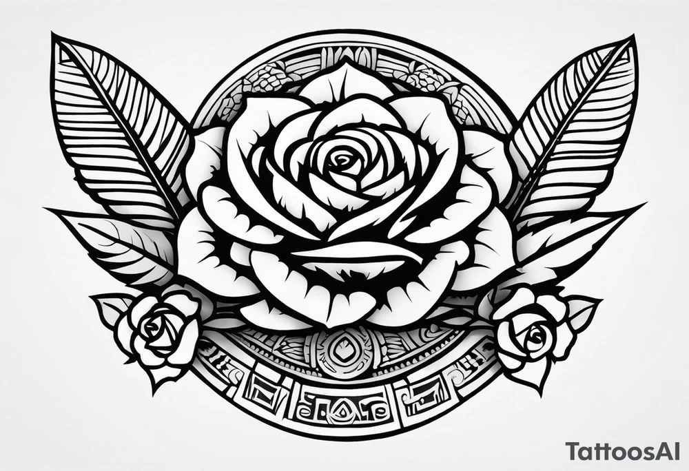 Design a masculine tattoo depicting three delicate rose buds being embraced and protected by a pile of Aztec weapons. The weapons should include elements such as the macuahuitl (Aztec sword-club), obsidian blades, and shields, arranged in a way that forms a protective circle or embrace around the roses. Carve the entire image as if it were a stone sculpture by an ancient Aztec artist, with the texture resembling intricately detailed stone carvings. The roses should be slightly softer but still stylized in stone, giving the entire tattoo a powerful, yet artistic and ancient feel. Use bold, sharp lines to capture the essence of Aztec craftsmanship tattoo idea