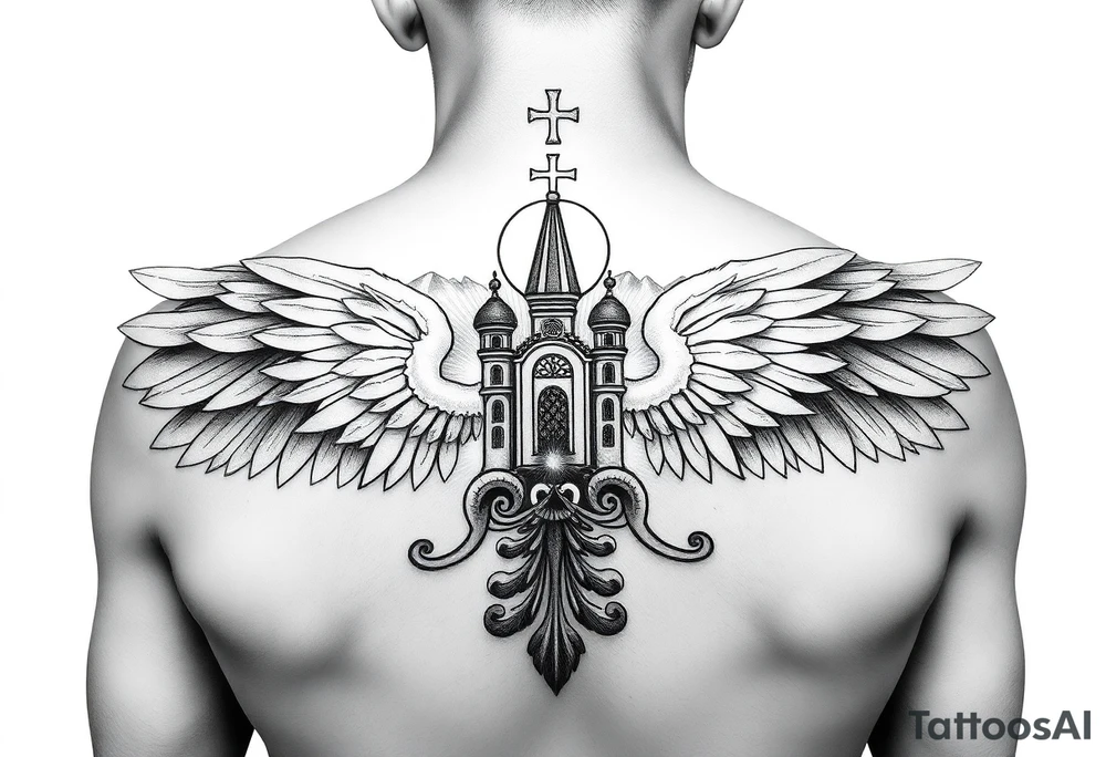 russian coat of arms with both heads visible & wings spanning out on my back neck across on to my shoulders with an orthodox christian church being visible in a mountainous sun beaming setting, with the russian orthodox cross spire of the orthodox church being visible on my neck with a sun beaming in the background that the cross sits inside tattoo idea