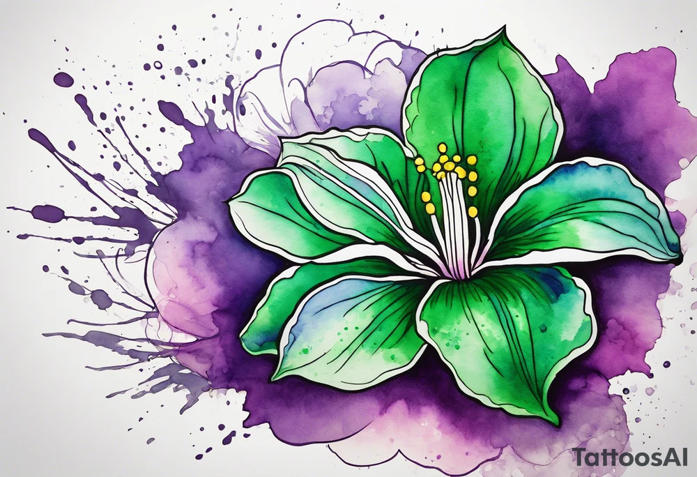 An outline of an only green rio dipladenia flower and a green and purple watercolor splash in the background tattoo idea