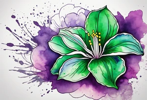An outline of an only green rio dipladenia flower and a green and purple watercolor splash in the background tattoo idea