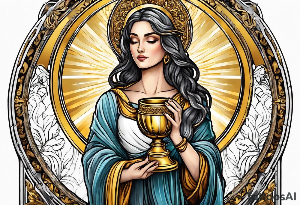 woman saint holding chalice surrounded by golden halo tattoo idea
