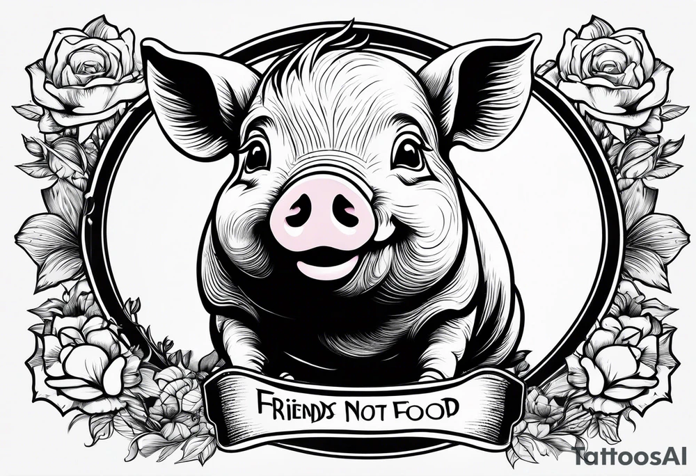 cute piglet with text 'friends not food' tattoo idea
