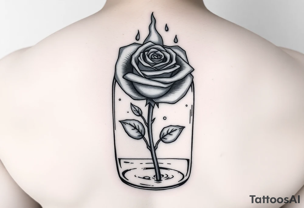 a rose on fire trapped in a jar with water drops. Whole jar with rose inside tattoo idea