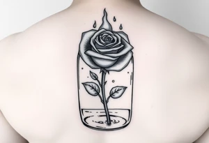 a rose on fire trapped in a jar with water drops. Whole jar with rose inside tattoo idea