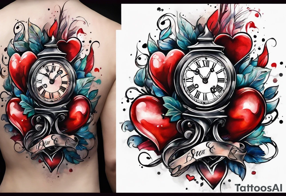 Heart with clock hands on 8 and 5 tattoo idea