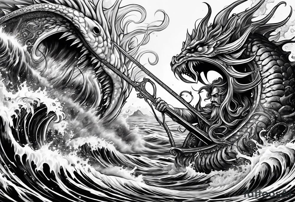 Kraken attacking Poseidon thrusting trident into monster tattoo idea