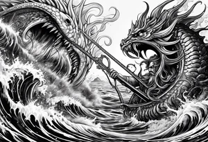 Kraken attacking Poseidon thrusting trident into monster tattoo idea