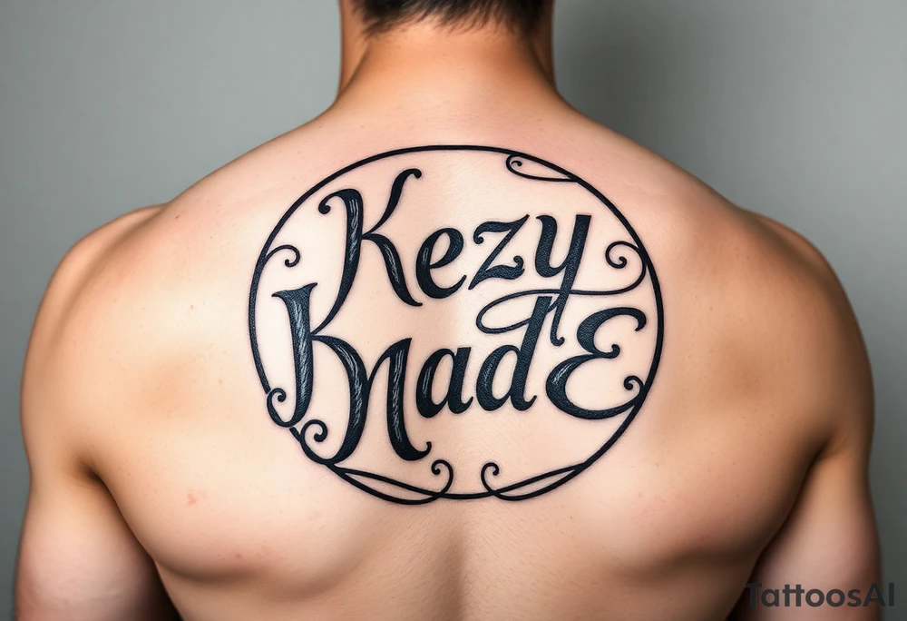 letters only fancy but rugged twisted and intertwined circular arched curvy lettering in a circular  forum that would be clothing brand style that says (KeezY MadE) almost like the the roca wear symbol clothing brand tattoo idea