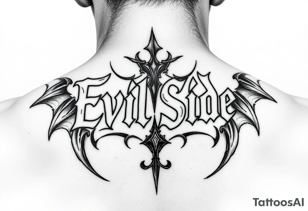 Bold cover up saying Evil Side from ear to ear on front of neck black and white tattoo idea