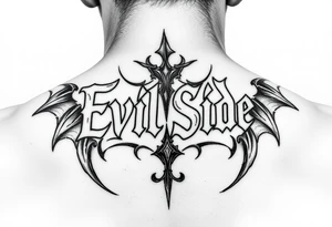 Bold cover up saying Evil Side from ear to ear on front of neck black and white tattoo idea