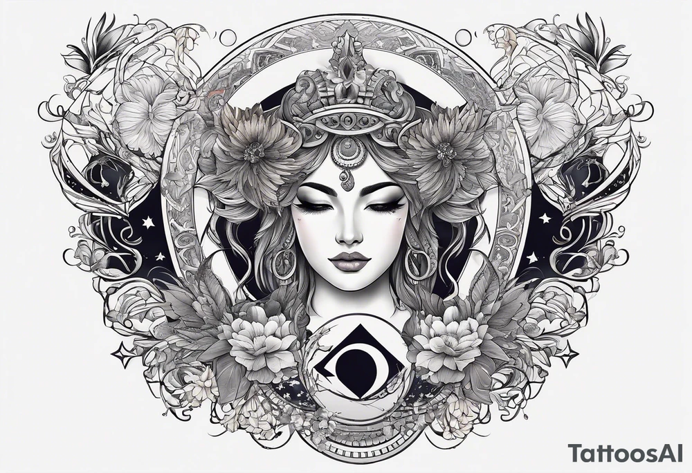 Half moon with beautiful zodiac background tattoo idea